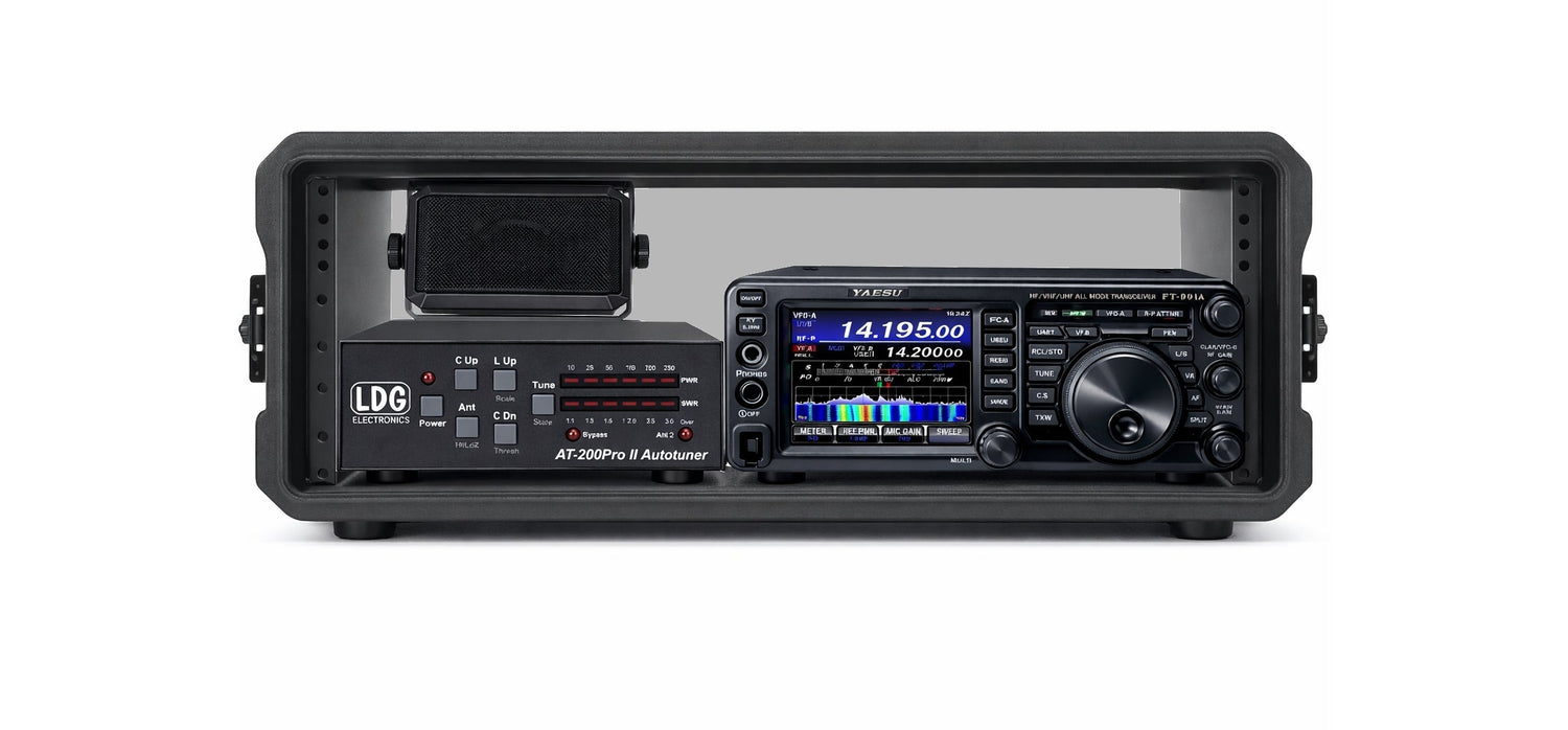 Ham radio go box rack with Yaesu FT-991A all-band HF VHF UHF transceiver in a portable amateur radio station
