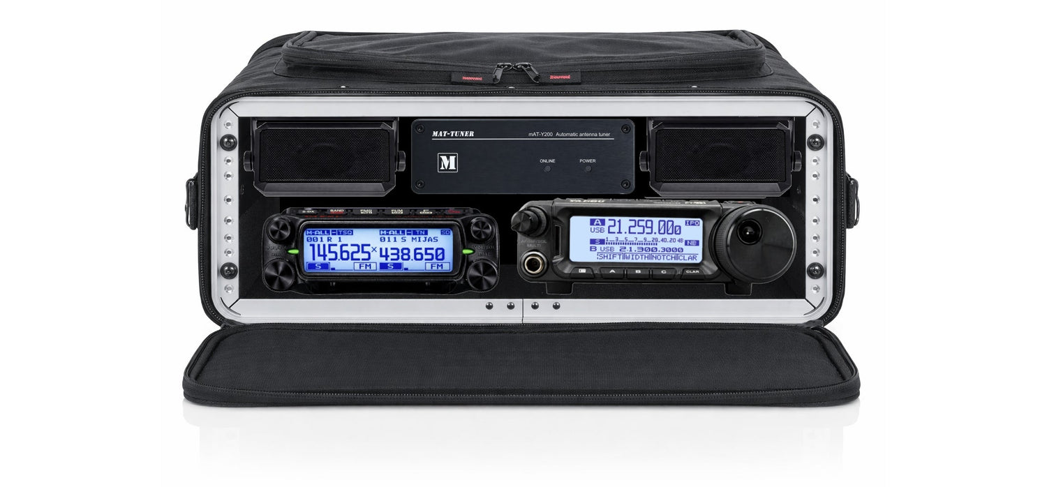 Ham radio go box rack with Yaesu FT-891 HF and FTM-150RASP VHF/UHF radios in a portable amateur radio station