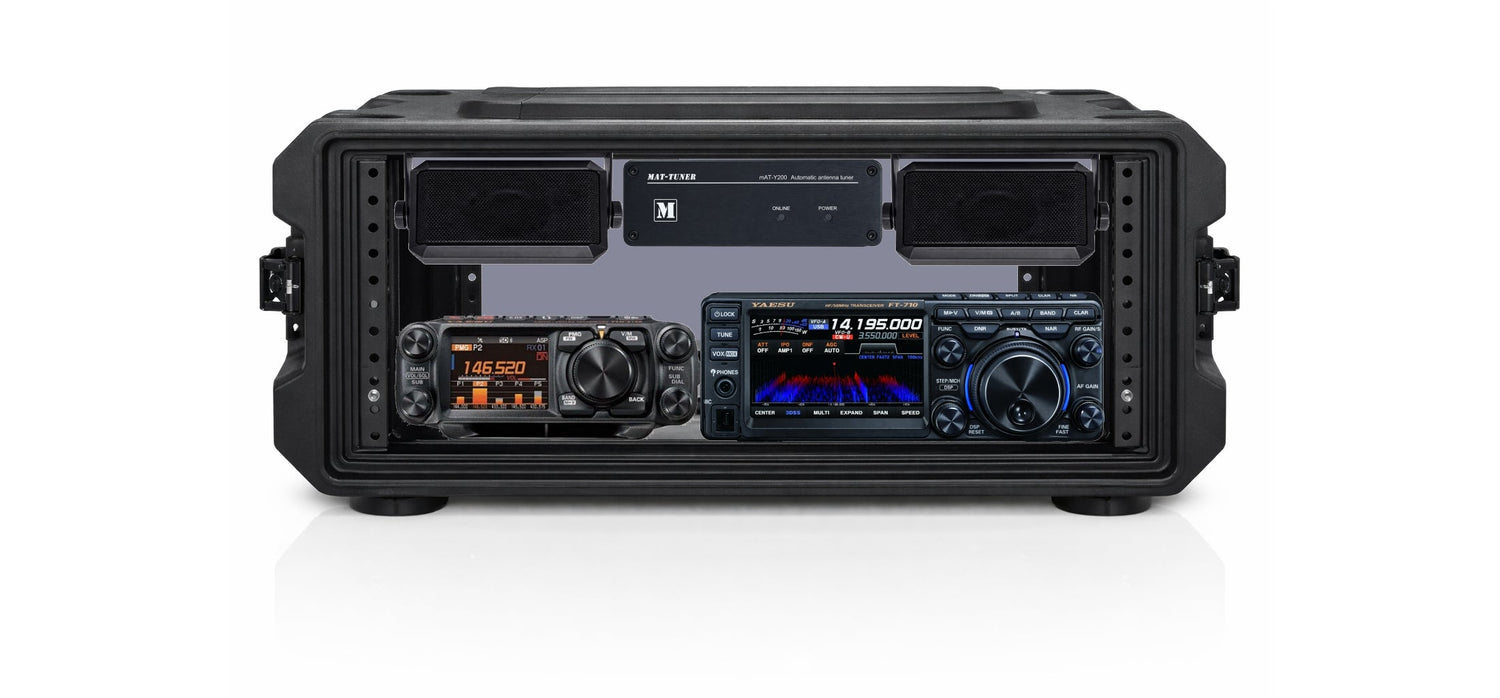 Ham radio go box with Yaesu FT-710 HF and FTM-510DR VHF/UHF radios in a rack-mounted portable amateur radio station